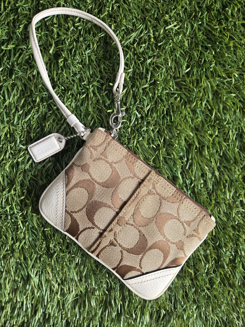 Coach Khaki/Tan Signature Canvas Wristlet with White Trim